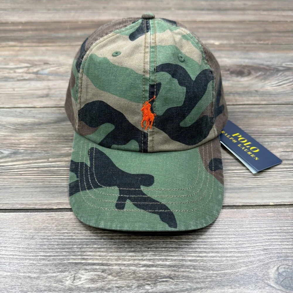 Polo Ralph Lauren Mens Baseball Cap Camo Orange Pony Adjustable NWT